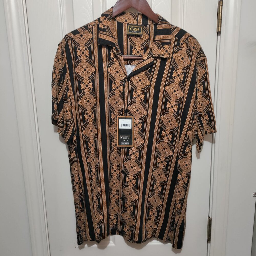 NWT Casa Moda Couture M Mens Woven Shirt AOP Baroque Pattern Black Gold S/S